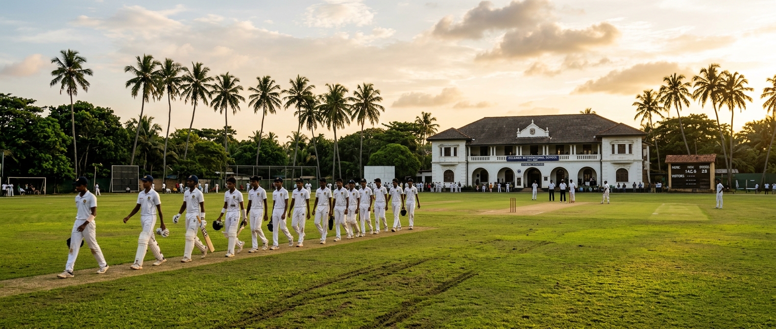 Young cricketers walking onto a Sri Lankan school cricket ground
